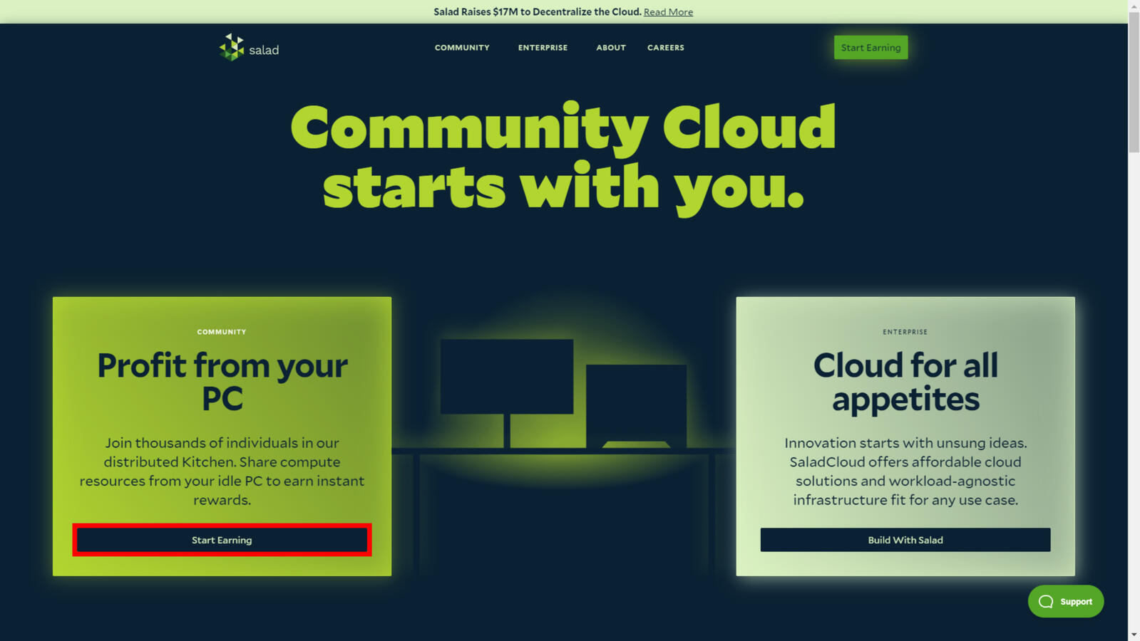Step 1: Head over to https://salad.com then click on the "Start Earning" button.